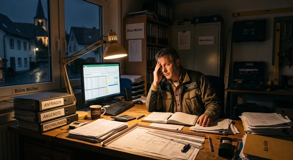 KI-Bild: Handwerksmeister am Abend im Büro, den Kopf in die Hand gestützt, vor ihm Ordner für Anfragen, Angebote und Rechnungen